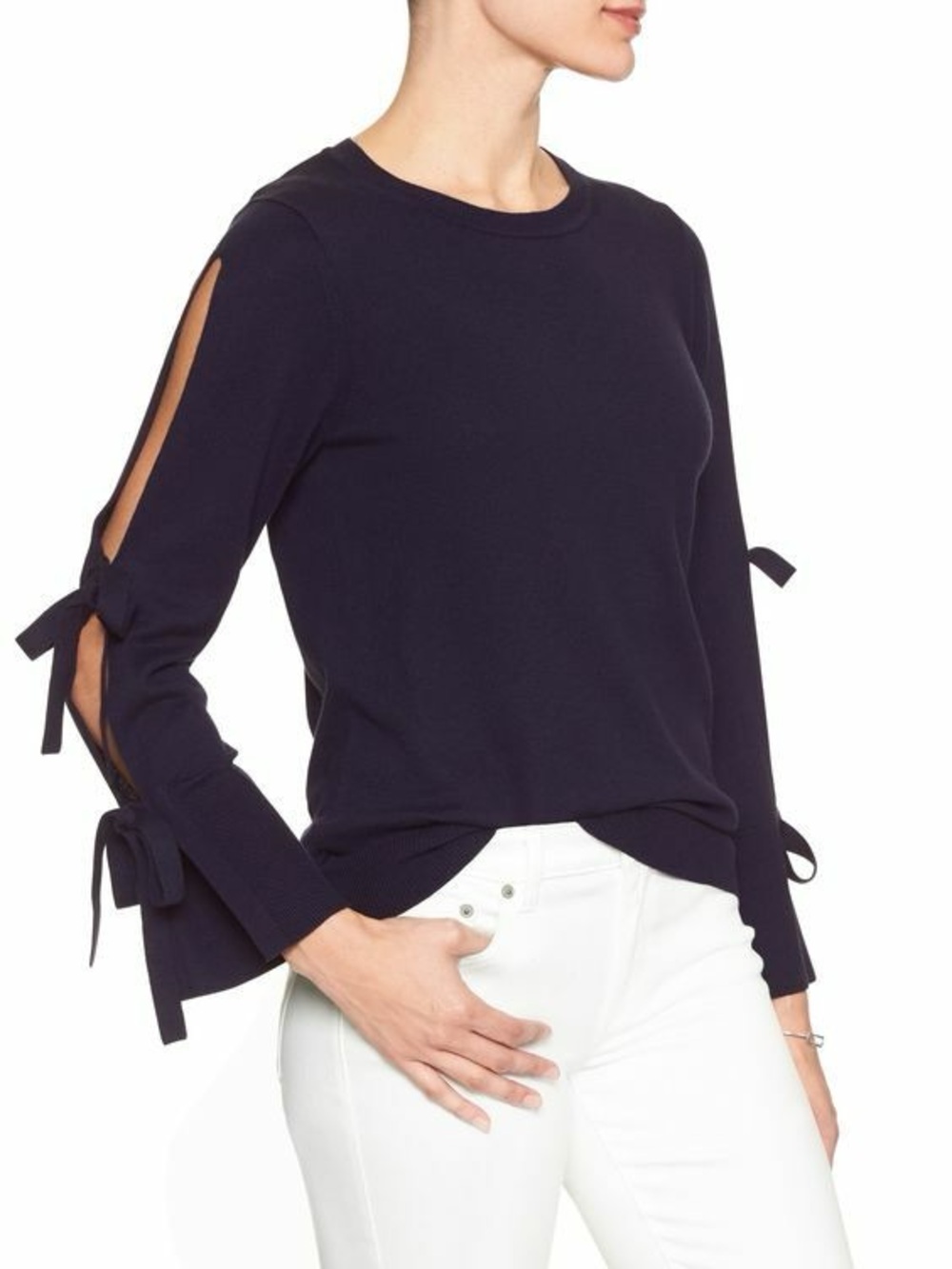 Banana Republic Navy Crewneck Sweater with Tie-Sleeve Details